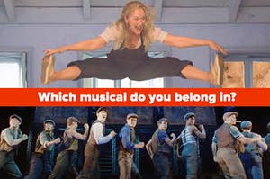 Meryl Streep is jumping in the air labeled, "Which musical do you belong in?" with the cast of "Newsies" on the bottom