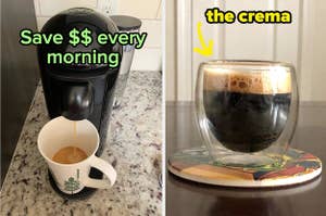 评论者的nespresso咖啡机，上面写着“每天早上节省$$”/评论者的espresso咖啡上面有泡沫奶油