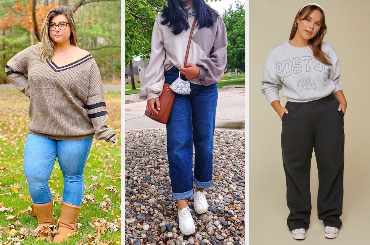 reviewer in an oversized off shoulder brown sweater / reviewer wearing denim levi's / model in black wide legged pants