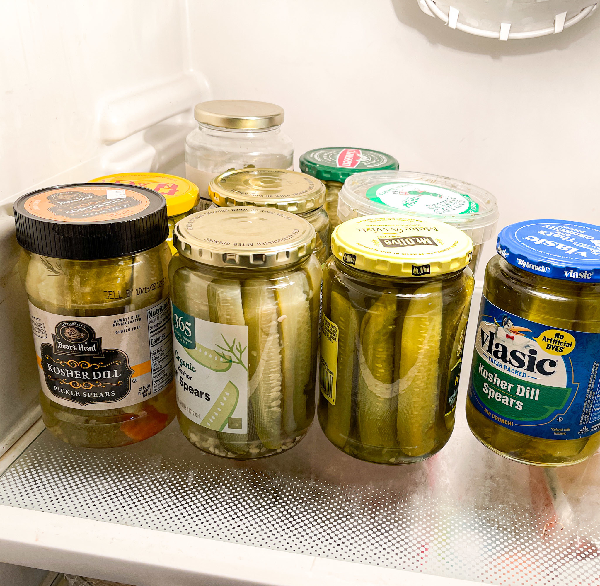 fridge full of pickle jars