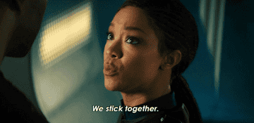 Sonequa Martin-Green as Michael Burnham says &quot;We stick together&quot; during a scene from &quot;Star Trek: Discovery&quot;