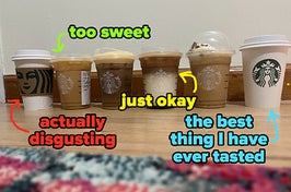 line-up of starbucks drinks labeled things like "actually disgusting," "too sweet," "just okay," and "the best thing I have ever tasted"