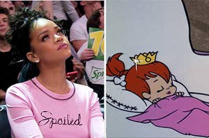 Rihanna wearing a shirt that reads "spoiled" / Scene from Flinstones of girl sleeping wearing a tiara