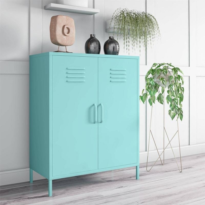 a mint colored storage locker in a living room
