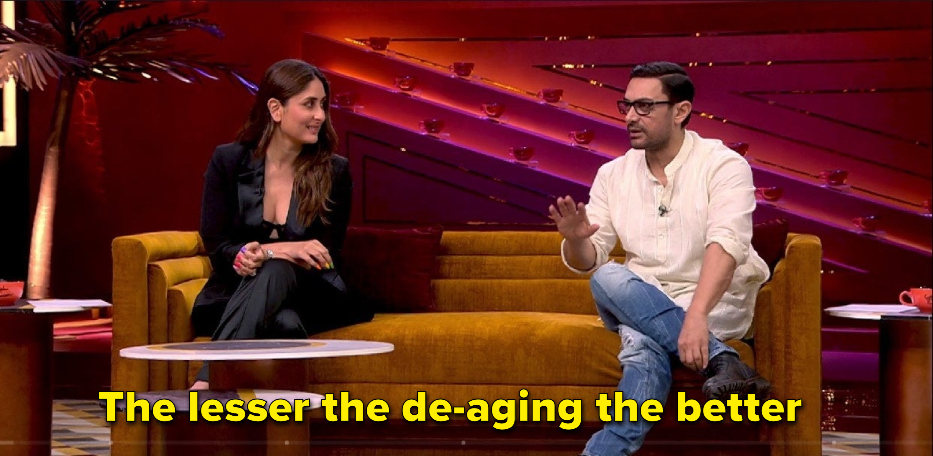 Kareena Kapoor Khan on the left and Aamir Khan on the right sitting on the couch on Koffee With Karan