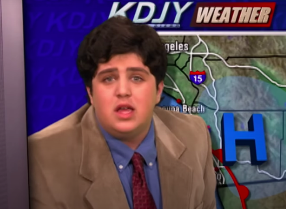 close up of josh&#x27;s character as a weatherman