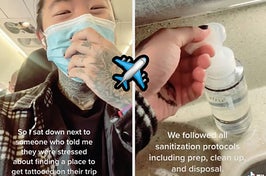 Left: Screenshot from a video by TikTok user @luckyboytattoo drawing on his seat mate's hand Right: TikTok user @luckyboytattoos