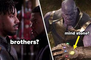 Left image: Killmonger looking straight ahead. Right image: Thanos looking at the Infinity Gauntlet