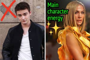 Noah Schnapp is on the left marked with an x and J.Lo marked with "Main character energy"