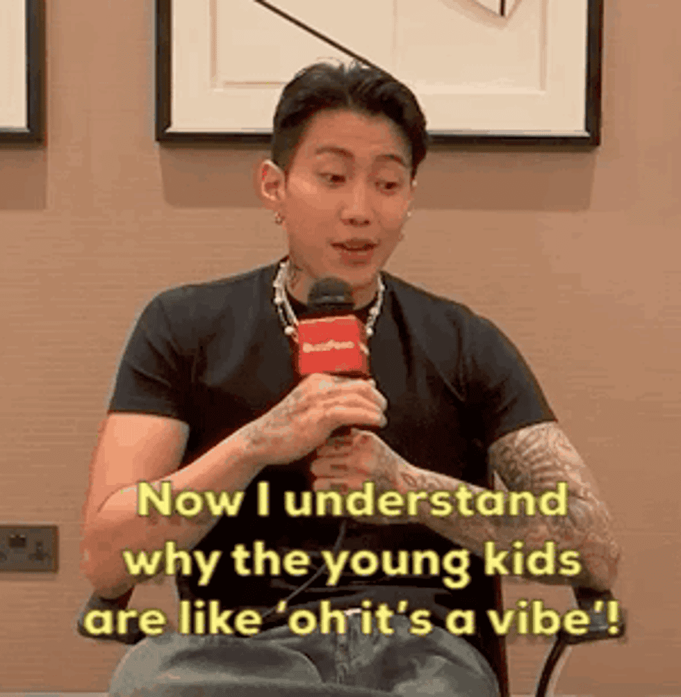 Jay Park sat down in a chair against a brown wallpapered room with text on the gif saying &#x27;Now I understand why the young kids are like &#x27;oh it&#x27;s a vibe