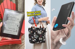 a person holding a kindle, a person holding a lunch bag, and a person holding a phone charger