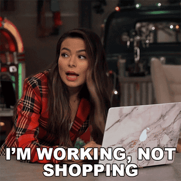 Working season 2 gif with text overlay that reads &quot;I&#x27;m working, not shopping&quot;