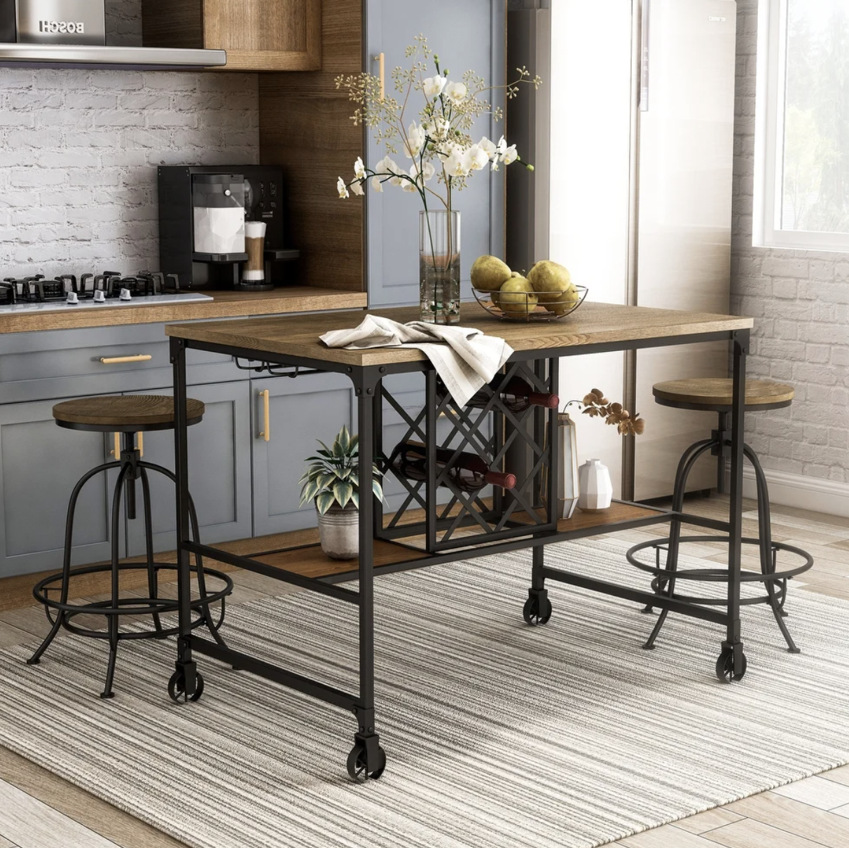 three-piece wood kitchen island table with wheels and two matching wood stools