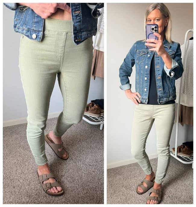 Reviewer wearing light green jeans, black top and denim jacket