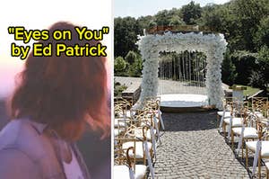 The back of a man's head and a wedding arch made of flowers