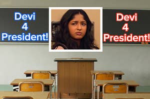 An empty classroom and a close up of Devi Vishwakumar with her brow furrowed