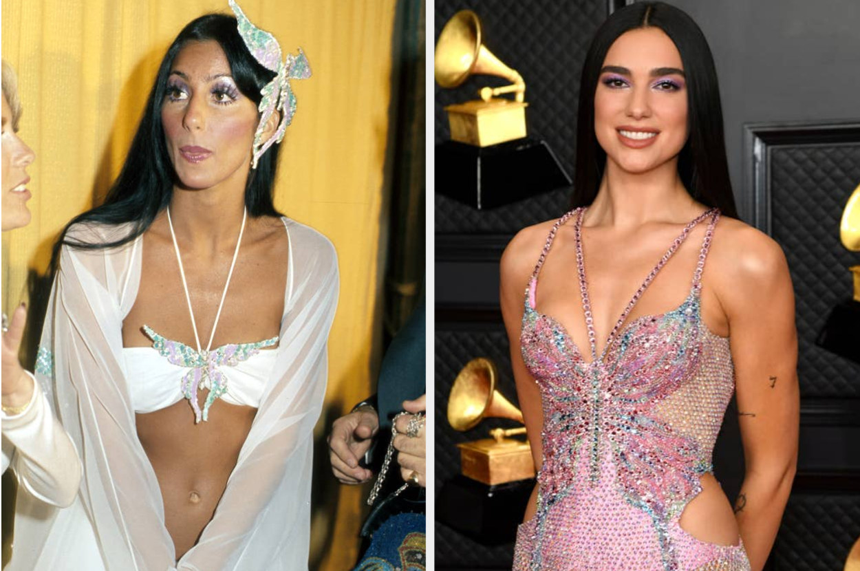 Cher wears a halter bra top with a butterfly placed in the middle while Dua wears a dress with a butterfly made of diamonds on her torso