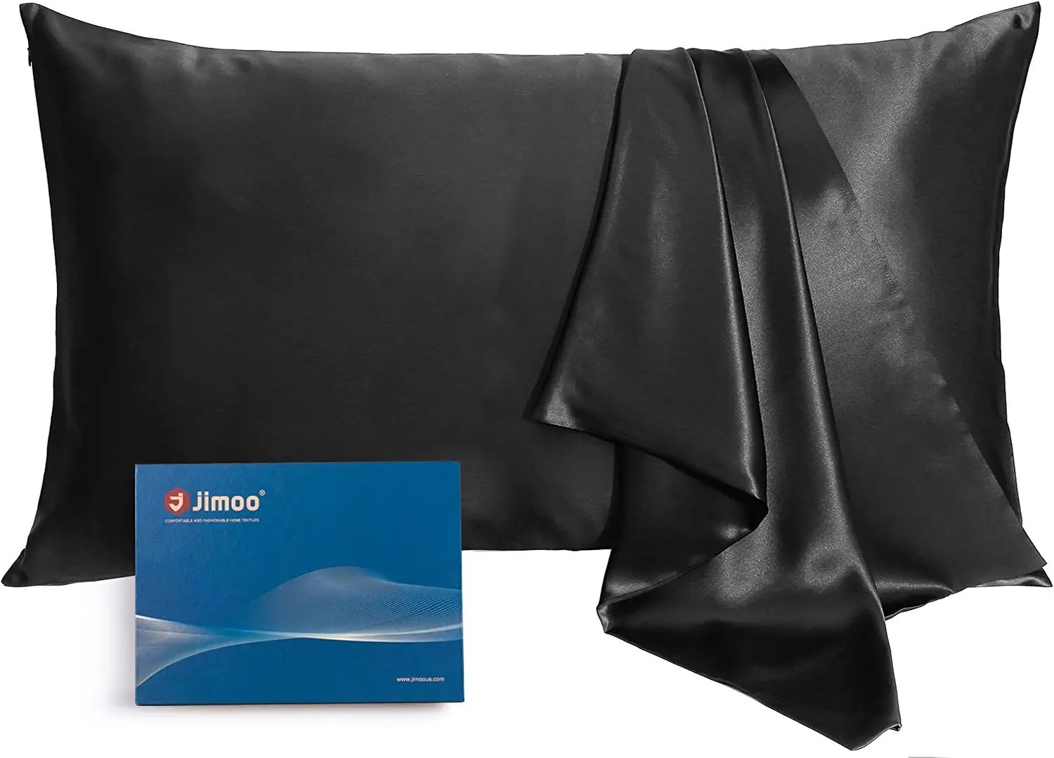 A pillow with a black silk pillowcase