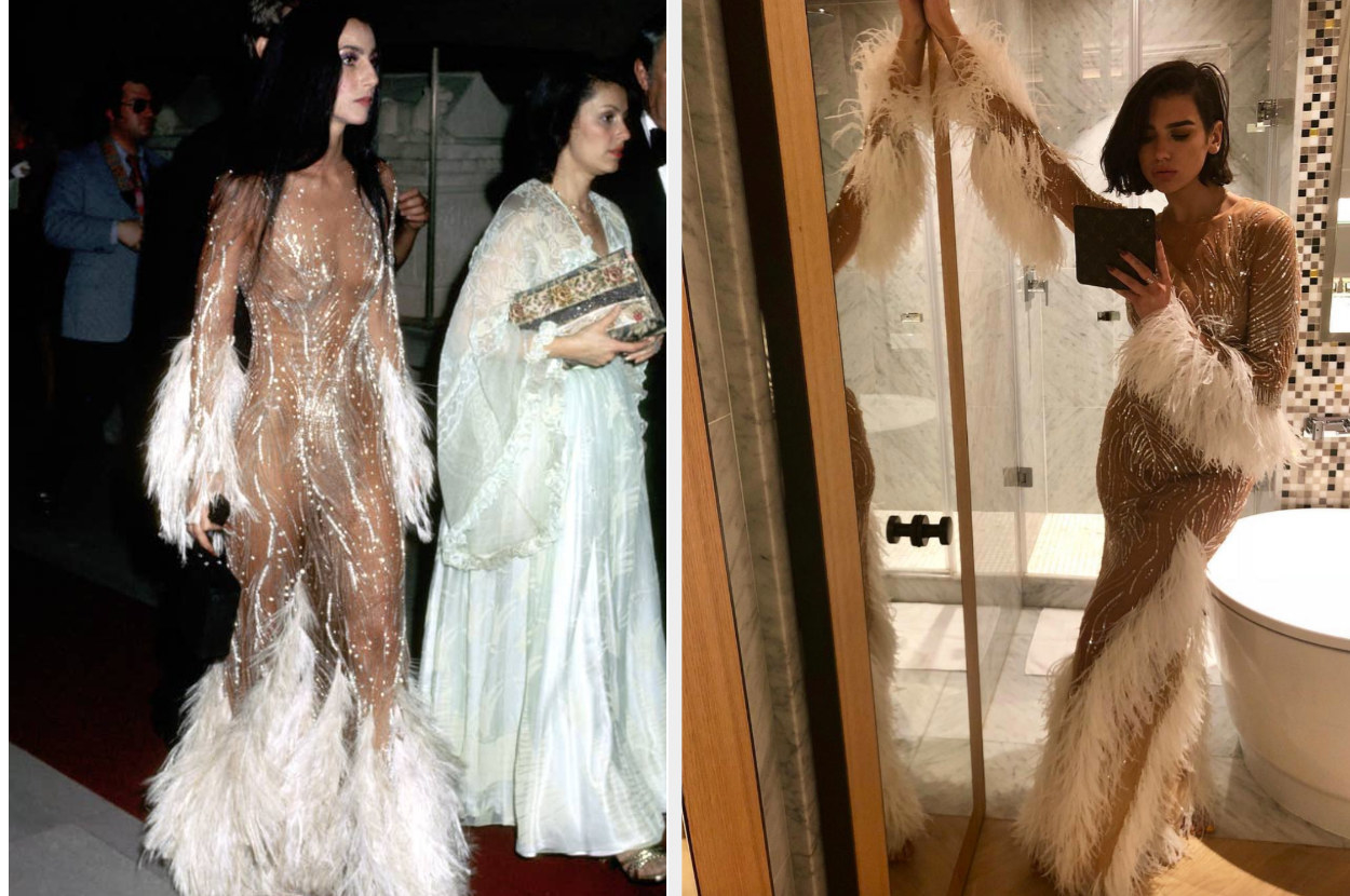 Cher and Dua wear similar sheer dresses with white feathers on the sleeves and bottom