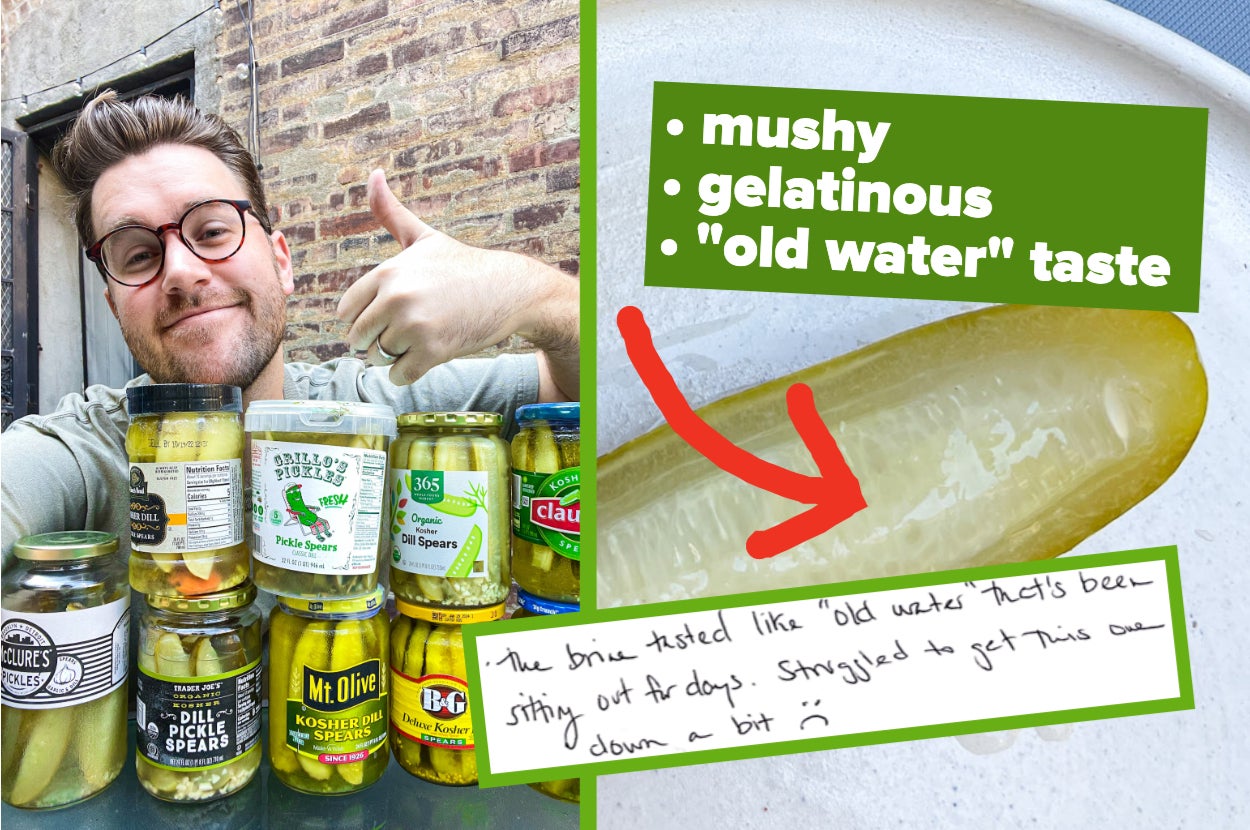 author thumbs up-ing next to 9 varieties of pickles, with arrow pointing to a mushy looking pickle saying it's mushy, gelatinous, and has an old water taste