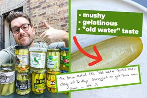 author thumbs up-ing next to 9 varieties of pickles, with arrow pointing to a mushy looking pickle saying it's mushy, gelatinous, and has an old water taste