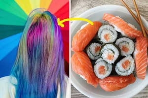 A woman with rainbow hair and a bowl of sushi