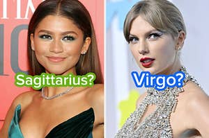 Zendaya wears a strapless gown and Taylor Swift wears a halter top diamond encrusted dress