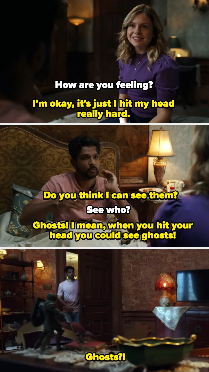 a guy and a girl talking and the guy wondering if he can see ghosts after hitting his head
