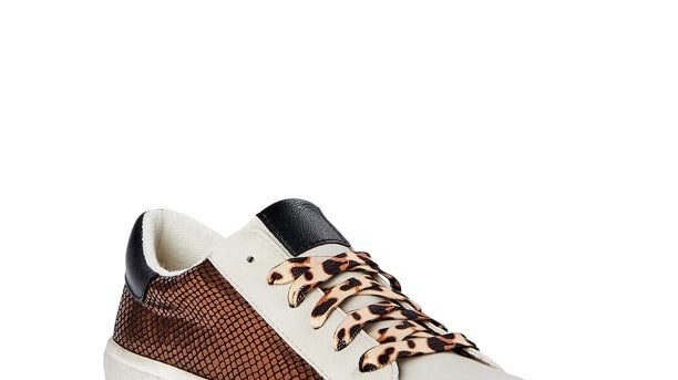 A sneakers with metallic brown snake skin and animal print (tan and black) laces