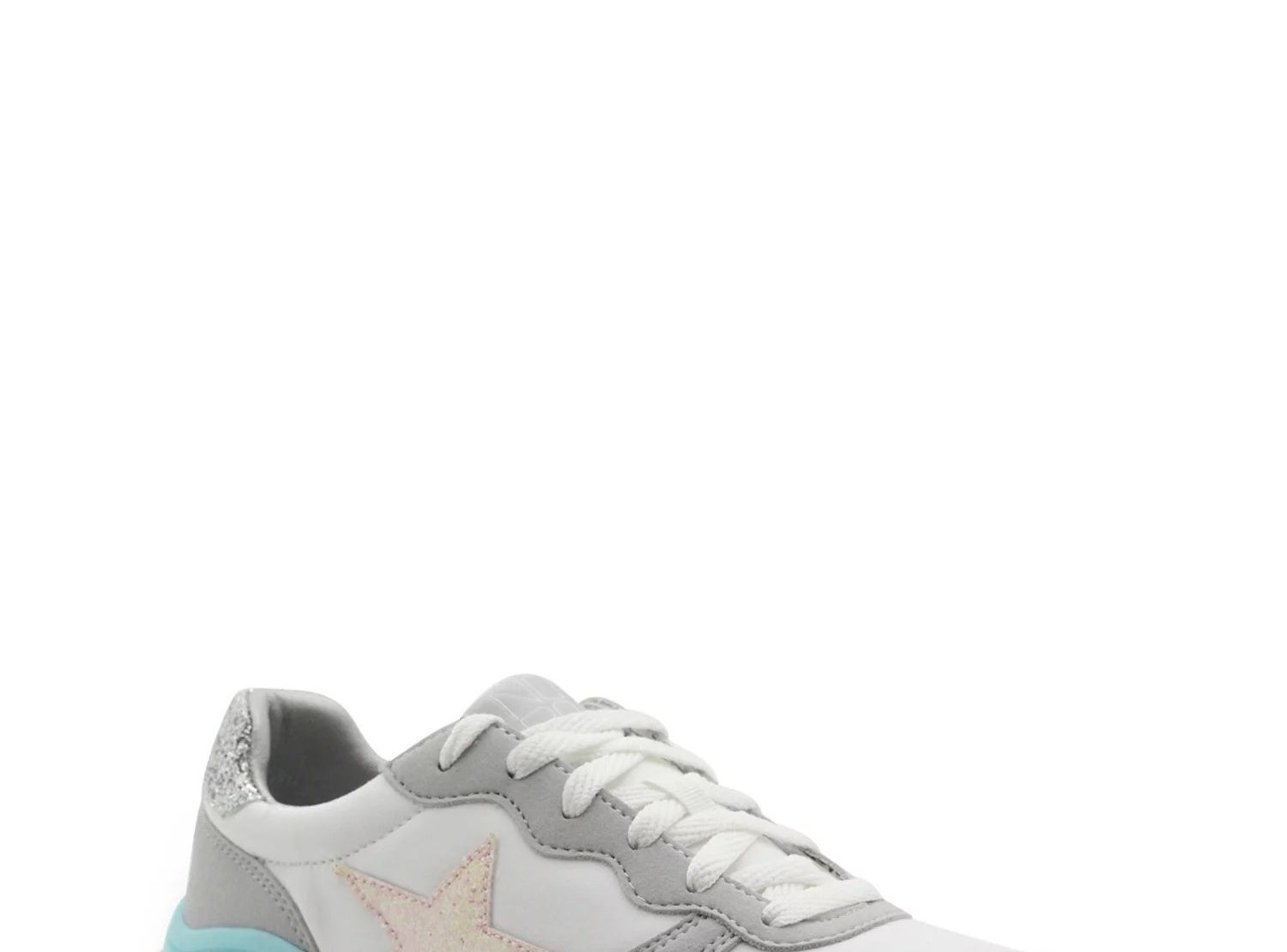 A pair of grey, pink, white and blue sneaker