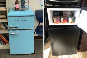 left: reviewer photo of Galanz blue mini fridge in office. right: reviewer photo of black mini fridge with open freezer compartment.