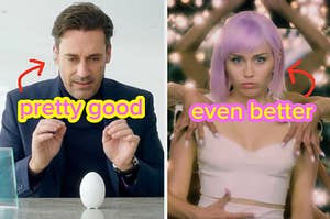 jon hamm next to miley cyrus while dressed as their black mirror characters