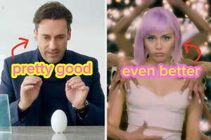 jon hamm next to miley cyrus while dressed as their black mirror characters