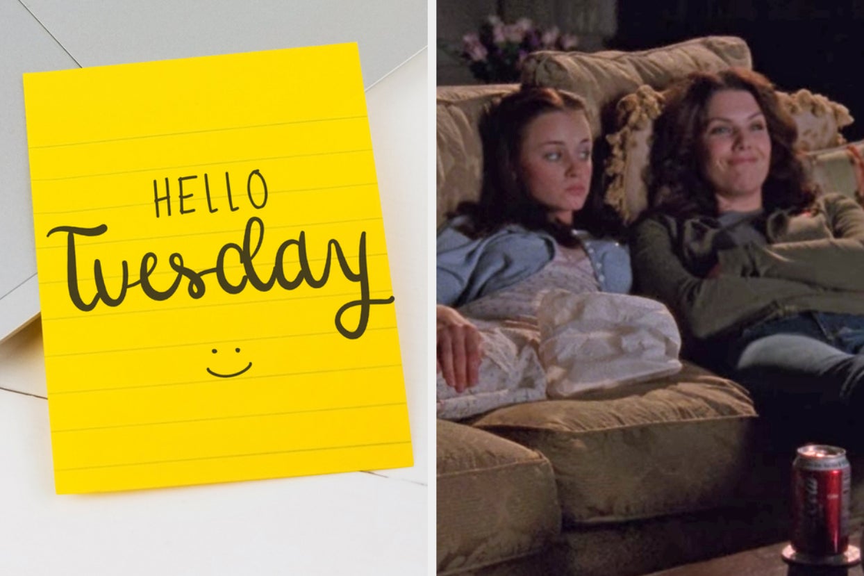 On the left, a note that says Happy Tuesday, and on the right, Rory and Lorelai from Gilmore Girls watching TV on the couch