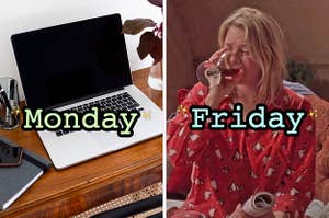 On the left, a laptop on a desk labeled Monday, and on the right, Bridget Jones wearing pajamas and drinking wine labeled Friday