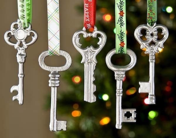 Keys hanging from holiday ribbons