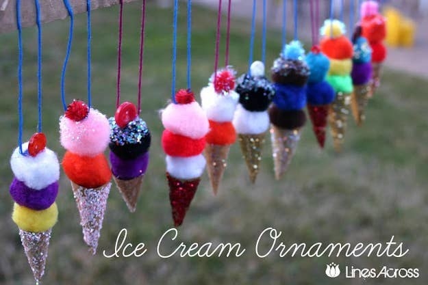 Pom-poms that look like ice cream in glittery cone ornaments