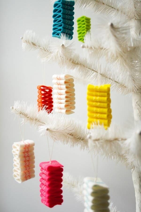 Ribbon ornaments hanging from a string