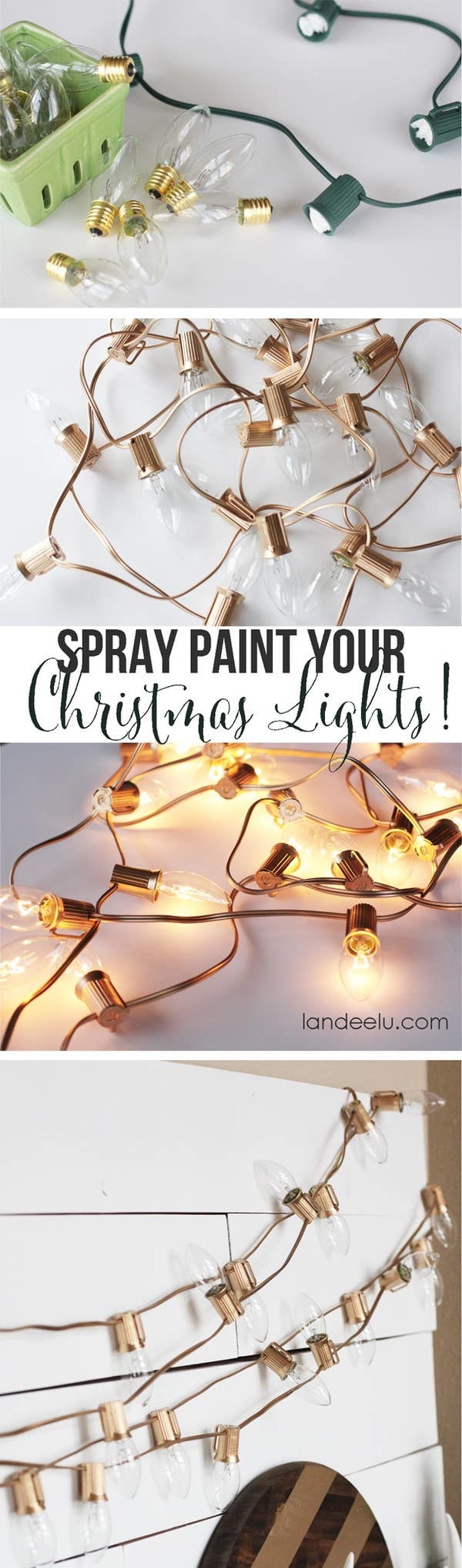 Green string lights spray-painted gold and hung up