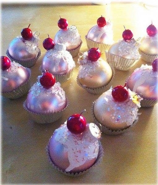 Ball ornaments in cupcake holders