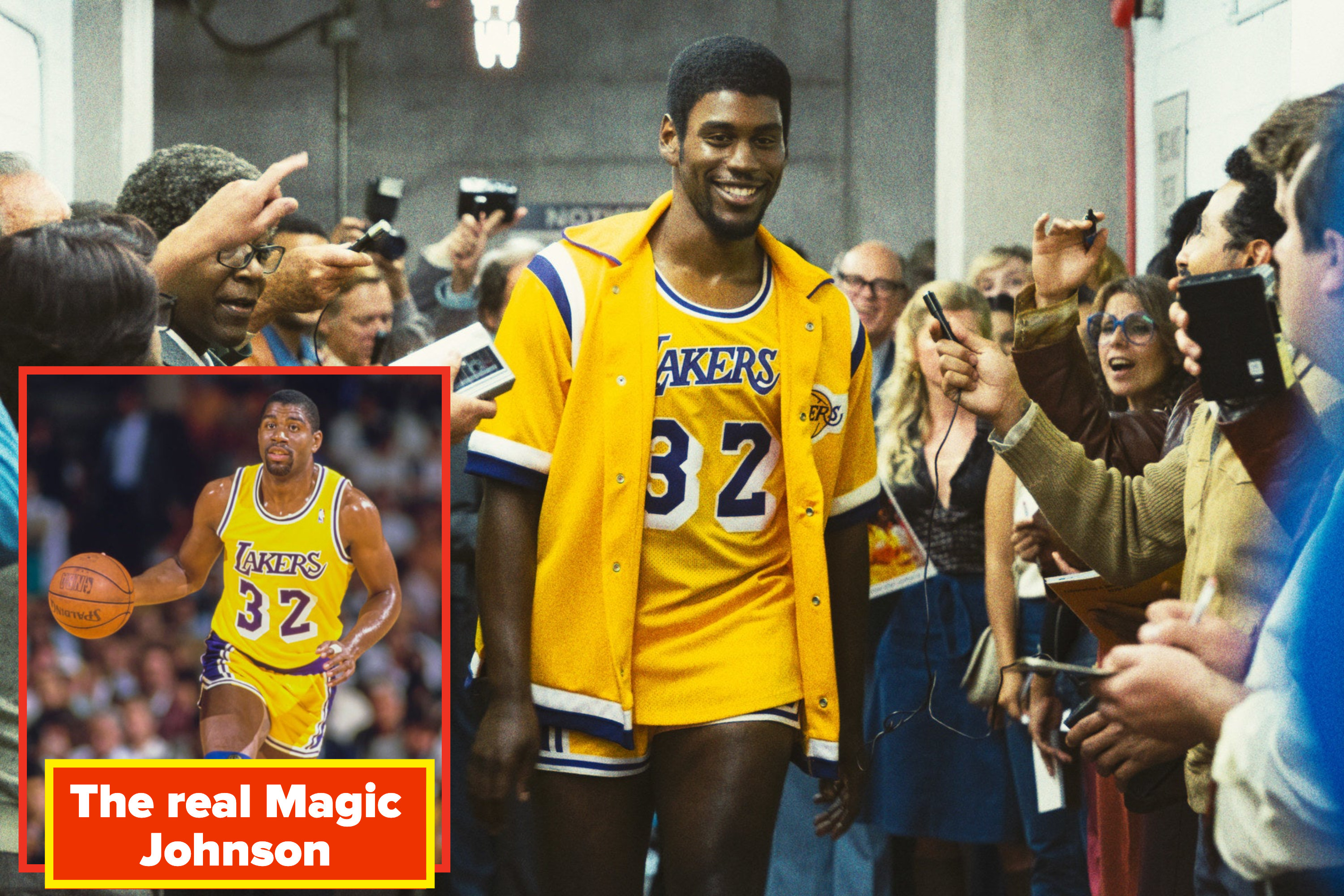 Quincy Isaiah as Magic Johnson walks through a crowd of reporters in &quot;Winning Time&quot;
