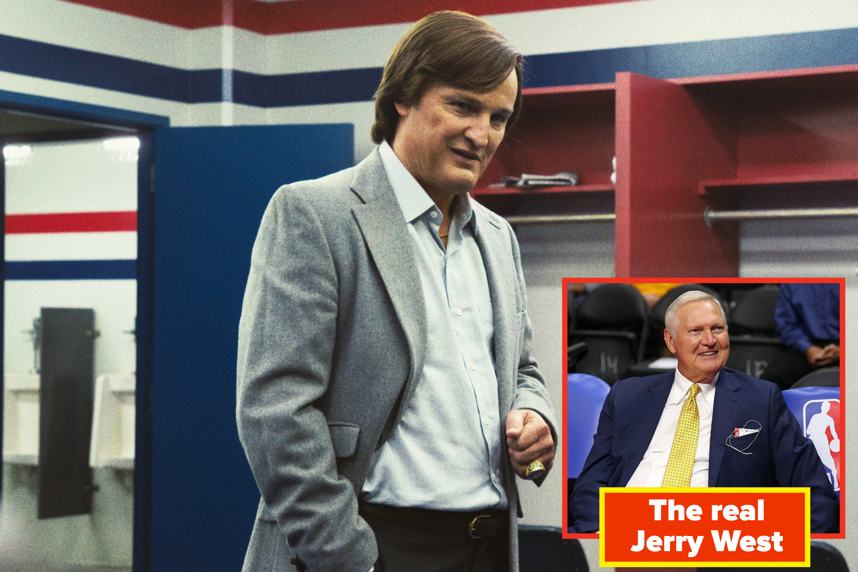Jason Clarke as Jerry West stands in a locker room in &quot;Winning Time&quot;