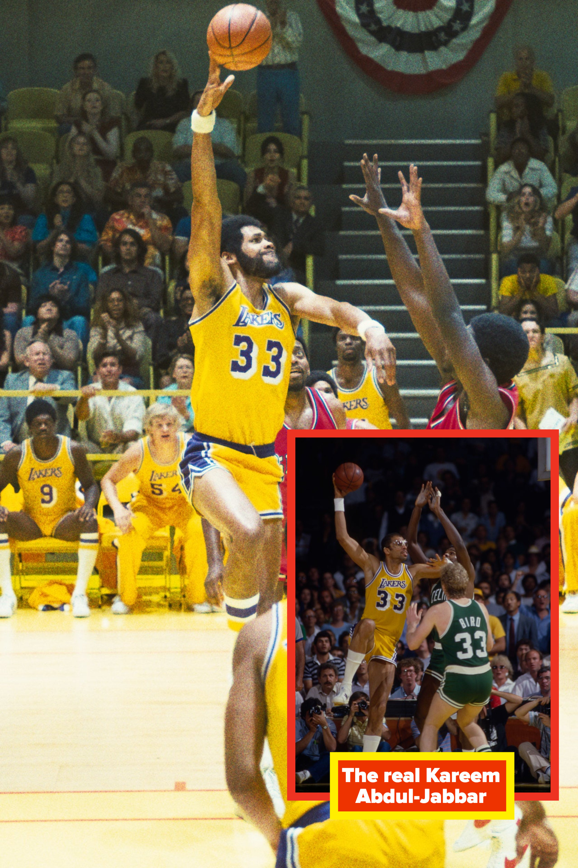 Solomon Hughes as Kareem Abdul-Jabbar shoots a basket during a game in &quot;Winning Time&quot;