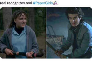 stills of KJ from Paper Girls and Steve from Stranger Things side by side with the caption "real recognizes real"