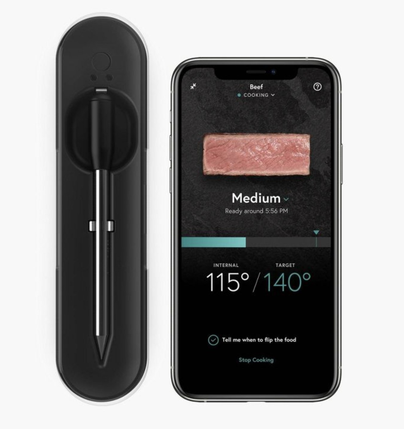 yummly smart meat thermometer next to accompanying app on a cell phone