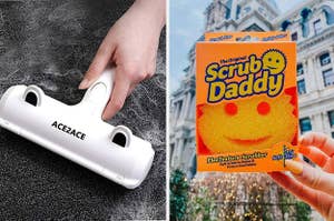 A pet hair brush and a Scrub Daddy sponge