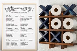 a cleaning checklist and a tic tac toe toilet roll holder
