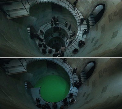 Multilevel spiral staircase in one scene and a single spiral staircase with a green base in another
