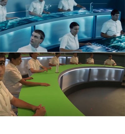 People sitting around a circular table with controls on top in one scene and around one with a green top in another