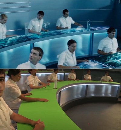 People sitting around a circular table with controls on top in one scene and around one with a green top in another